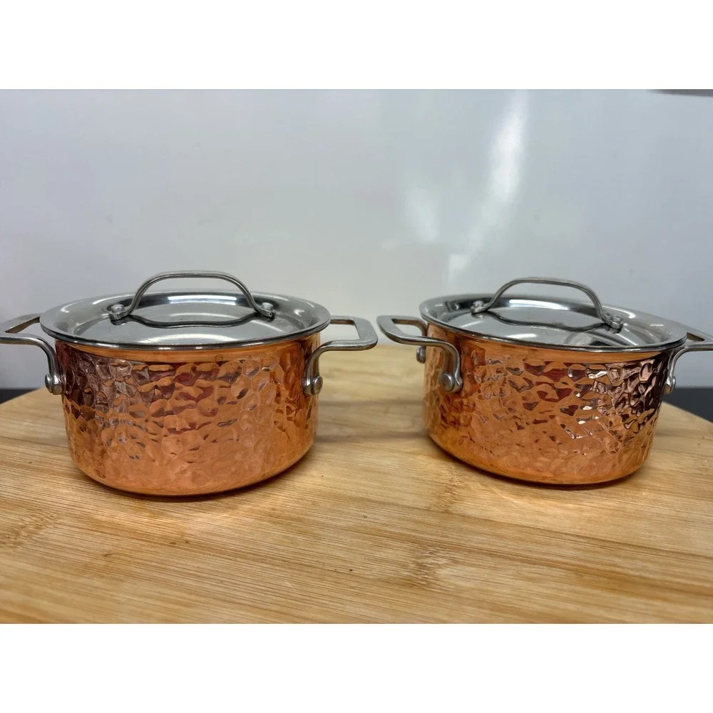 Williams Sonoma Mini Copper Pot Cocottes Set of 2 Hammered Style 0.5 QT.